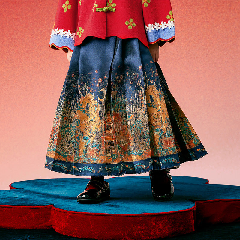 Glided Floral Chinese Pleated Skirt