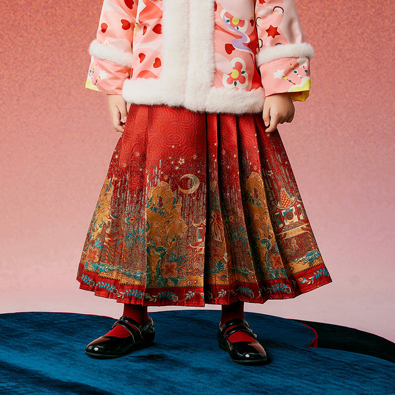 Glided Floral Chinese Pleated Skirt