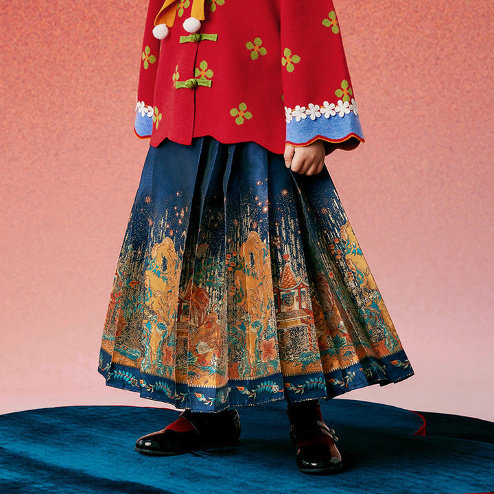 Glided Floral Chinese Pleated Skirt
