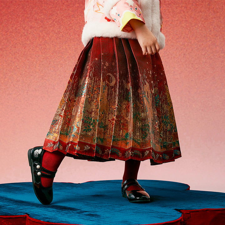 Glided Floral Chinese Pleated Skirt