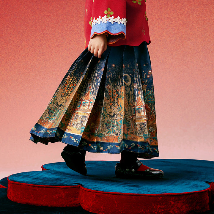 Glided Floral Chinese Pleated Skirt