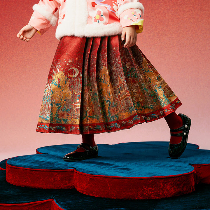 Glided Floral Chinese Pleated Skirt