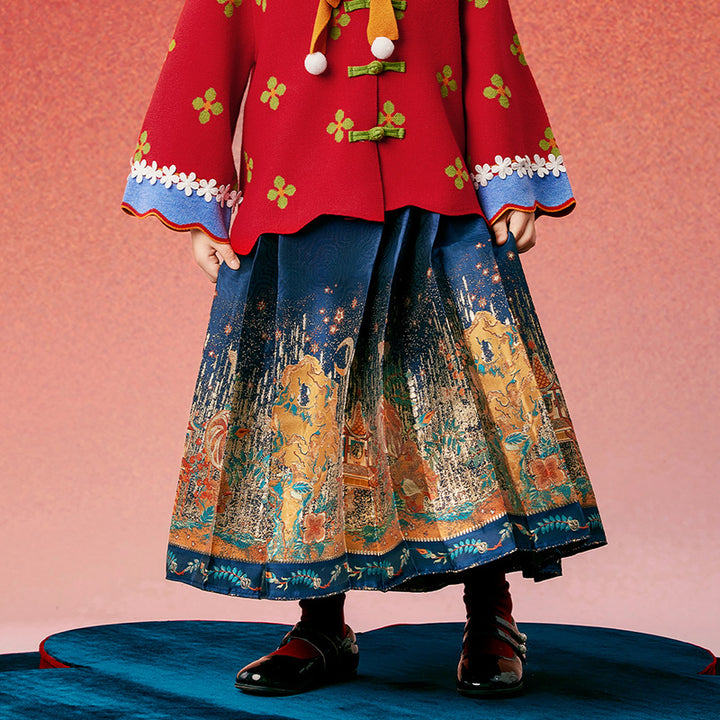 Glided Floral Chinese Pleated Skirt