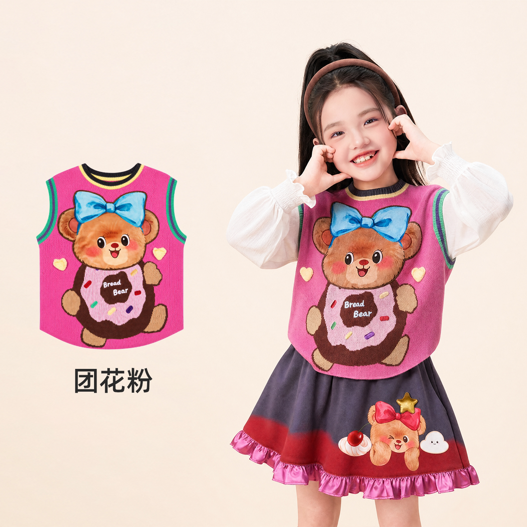 Bread Bear Knit Sweater Vest 熊抱甜心针织背心 – Pink 团花粉