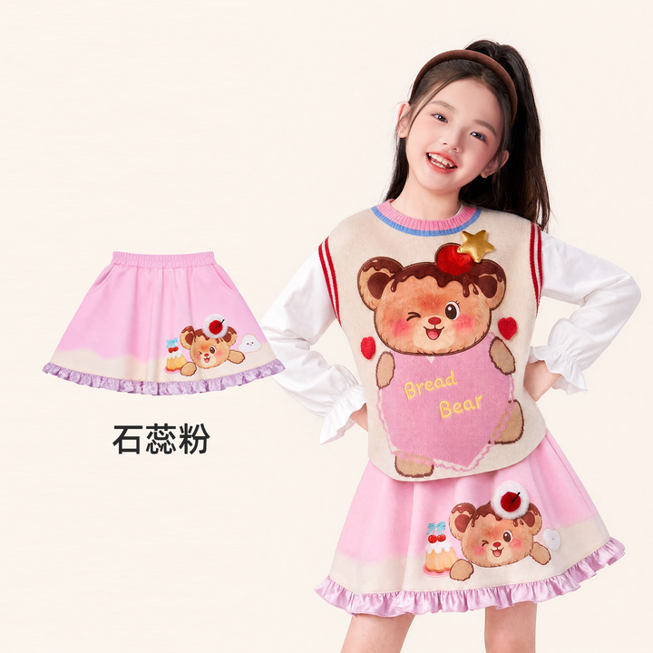 Bear Dessert Print Ruffle Mini Skirt 熊抱甜心高腰半身裙 – Pink 石蕊粉