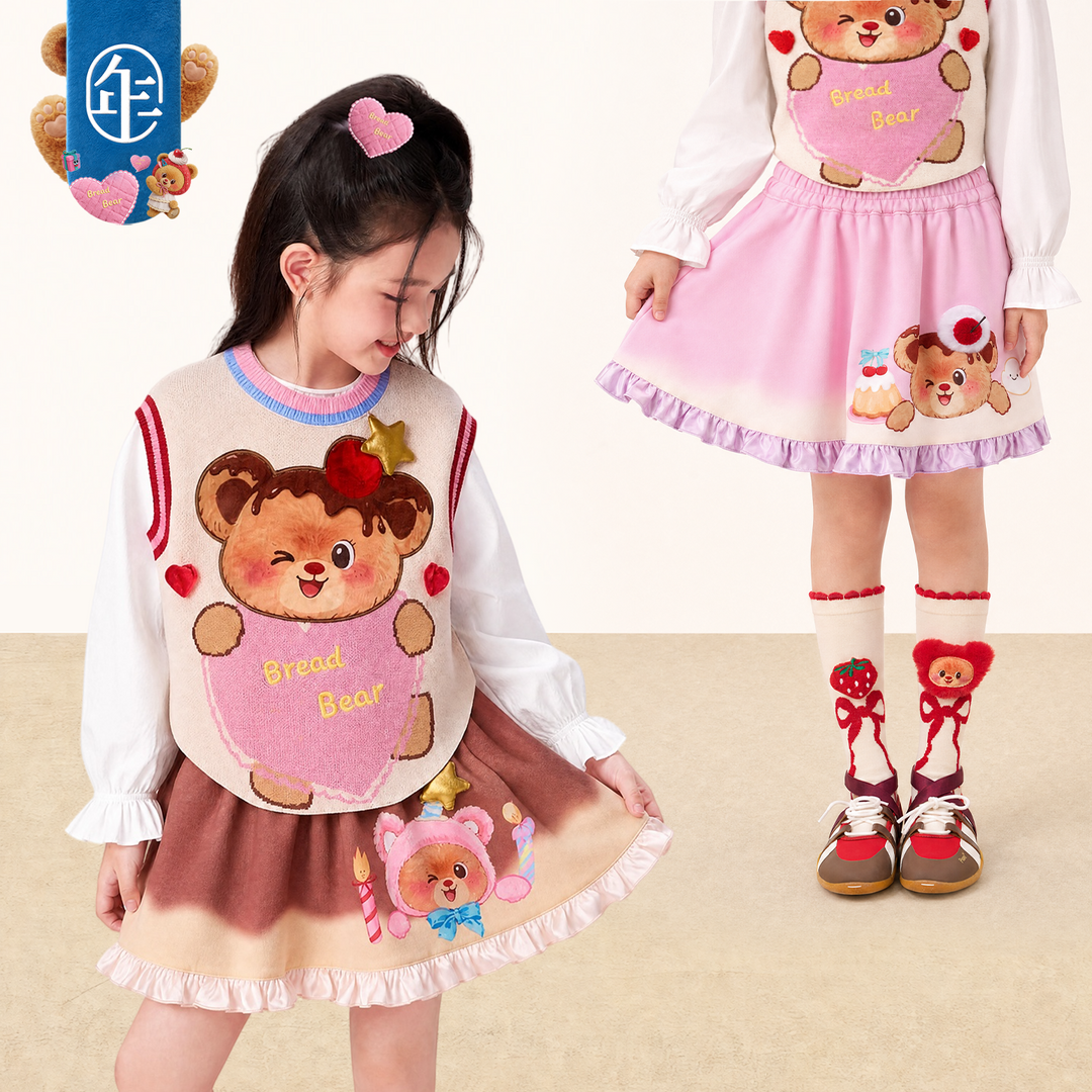 Bear Dessert Print Ruffle Mini Skirt 熊抱甜心高腰半身裙