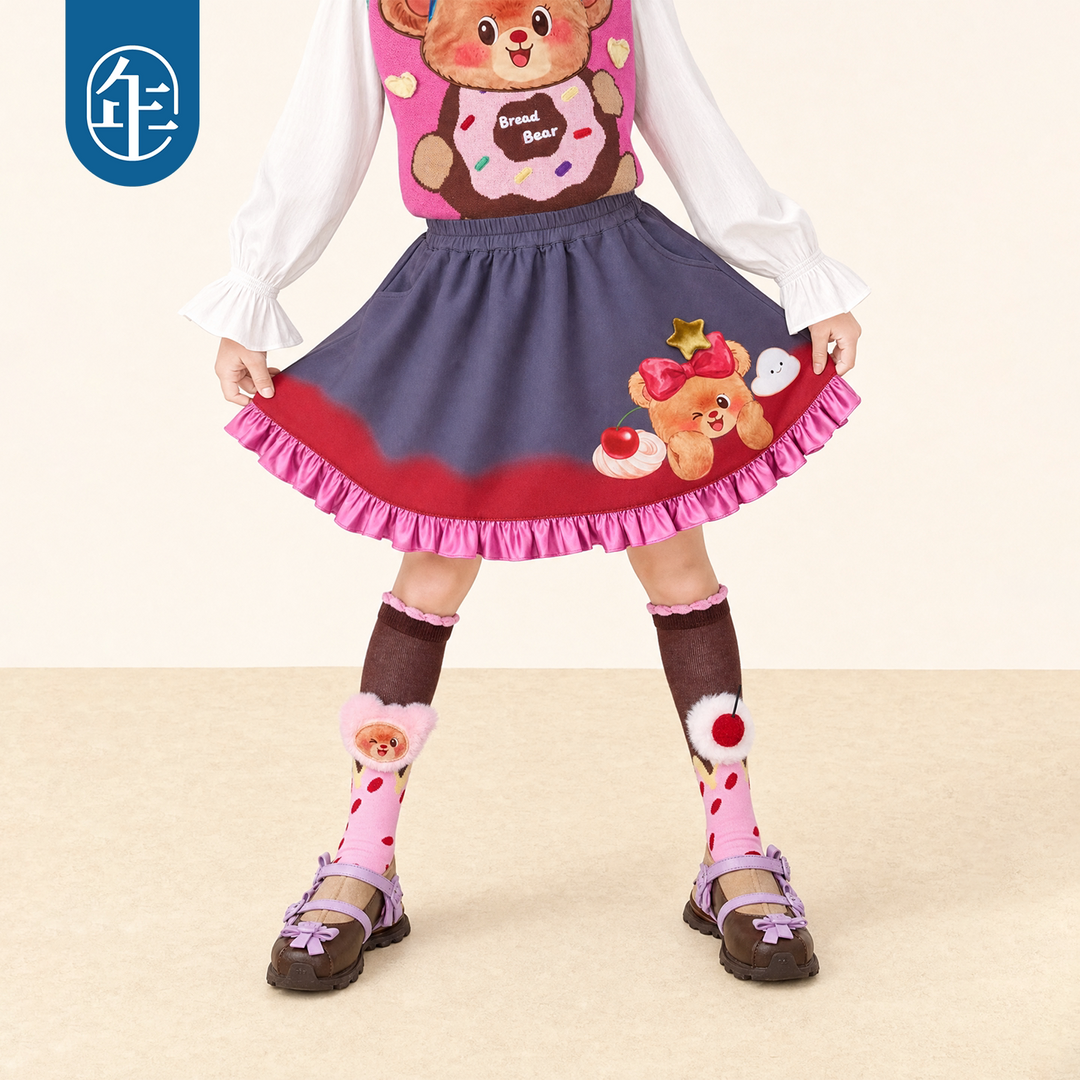 Bear Dessert Print Ruffle Mini Skirt 熊抱甜心高腰半身裙