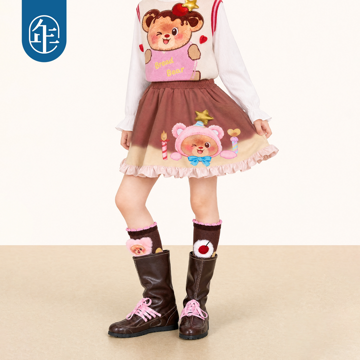 Bear Dessert Print Ruffle Mini Skirt 熊抱甜心高腰半身裙