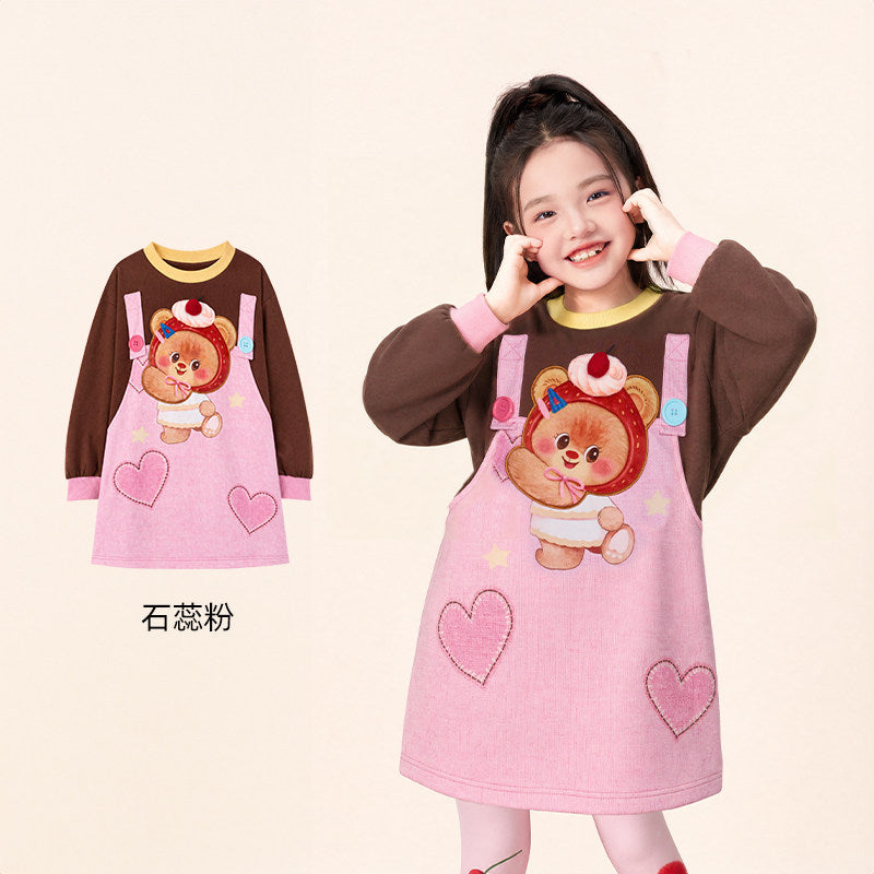 Bread Bear Pinafore-Look Sweatshirt Dress 熊抱甜心假两件卫衣裙 – Pink 石蕊粉