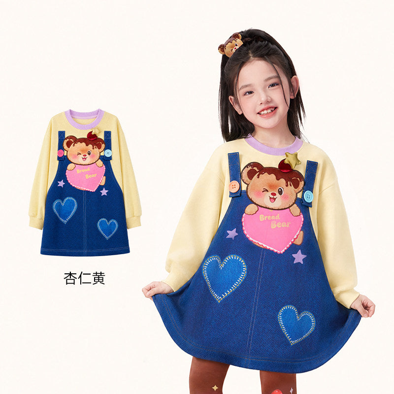 Bread Bear Pinafore-Look Sweatshirt Dress 熊抱甜心假两件卫衣裙 – Yellow 杏仁黄