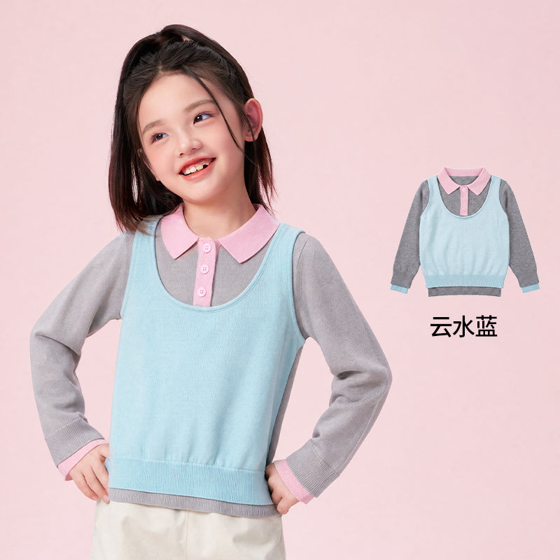 Faux Two-Piece Polo Collar Knit Sweater 假两件翻领针织毛衣 – Light Blue 云水蓝