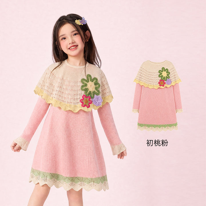 Crochet Flower Capelet Knit Dress 钩花云肩针织长裙 – Pink 初桃粉