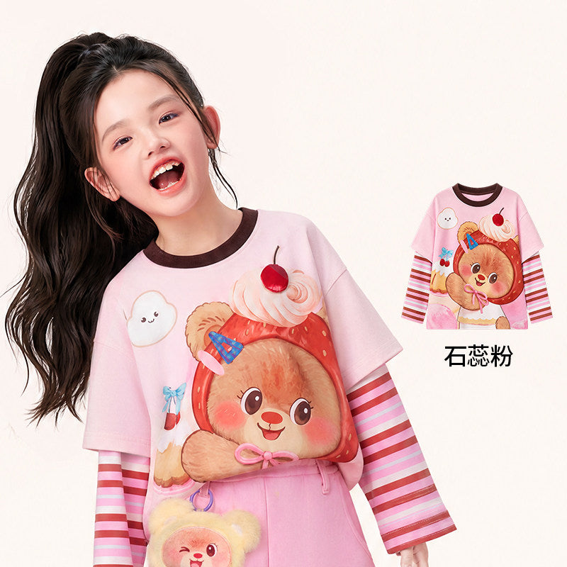 Bear Print Faux Two-Piece Long Sleeve Tee 熊抱甜心假两件长袖T恤 – Pink 石蕊粉