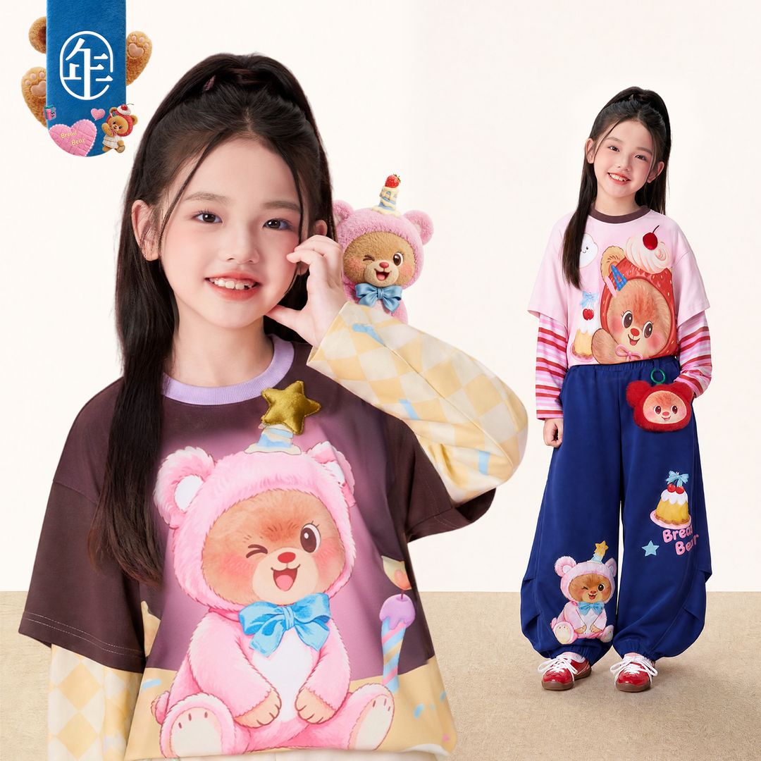 Bear Print Faux Two-Piece Long Sleeve Tee 熊抱甜心假两件长袖T恤