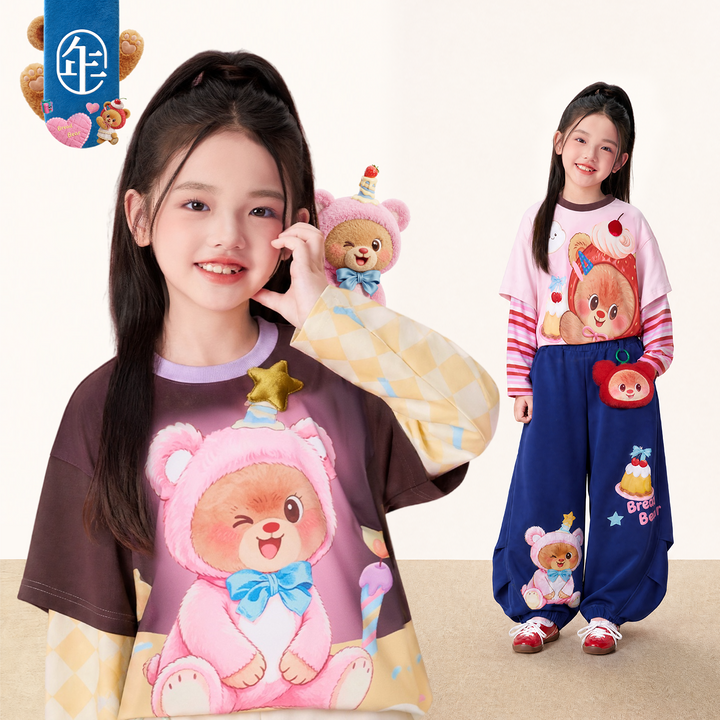 Bear Print Faux Two-Piece Long Sleeve Tee 熊抱甜心假两件长袖T恤