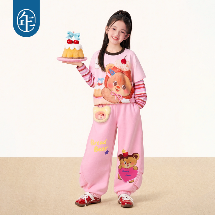 Bear Print Faux Two-Piece Long Sleeve Tee 熊抱甜心假两件长袖T恤