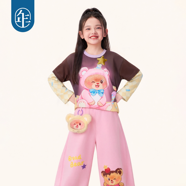 Bear Print Faux Two-Piece Long Sleeve Tee 熊抱甜心假两件长袖T恤