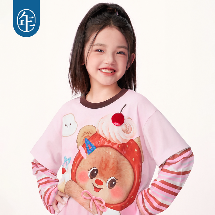 Bear Print Faux Two-Piece Long Sleeve Tee 熊抱甜心假两件长袖T恤