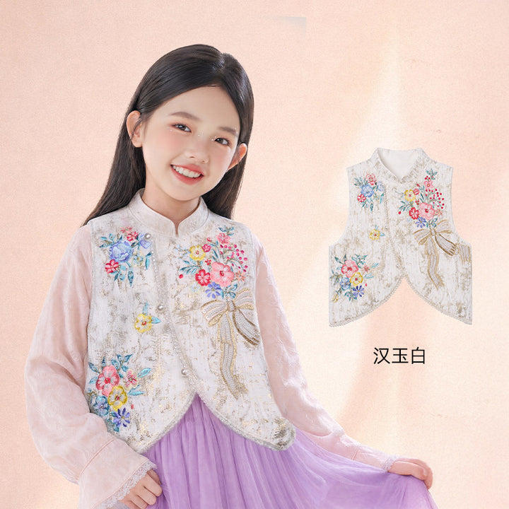 Floral Embroidered Velvet Mandarin Vest 花开有时刺绣中式马甲 – Ivory 汉玉白