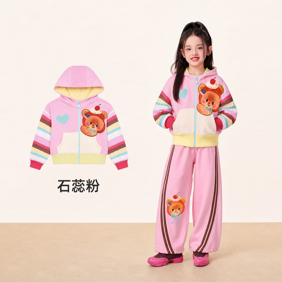 Bread Bear Rainbow-Sleeve Zip Hoodie 熊抱甜心彩虹袖连帽外套 – Pink 石蕊粉