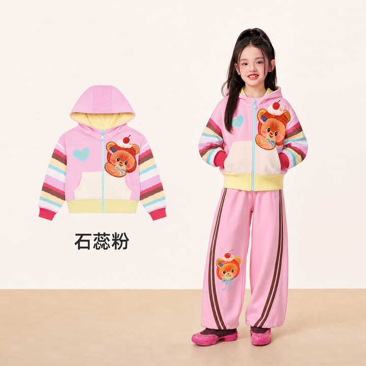 Bread Bear Rainbow-Sleeve Zip Hoodie 熊抱甜心彩虹袖连帽外套 – Pink 石蕊粉