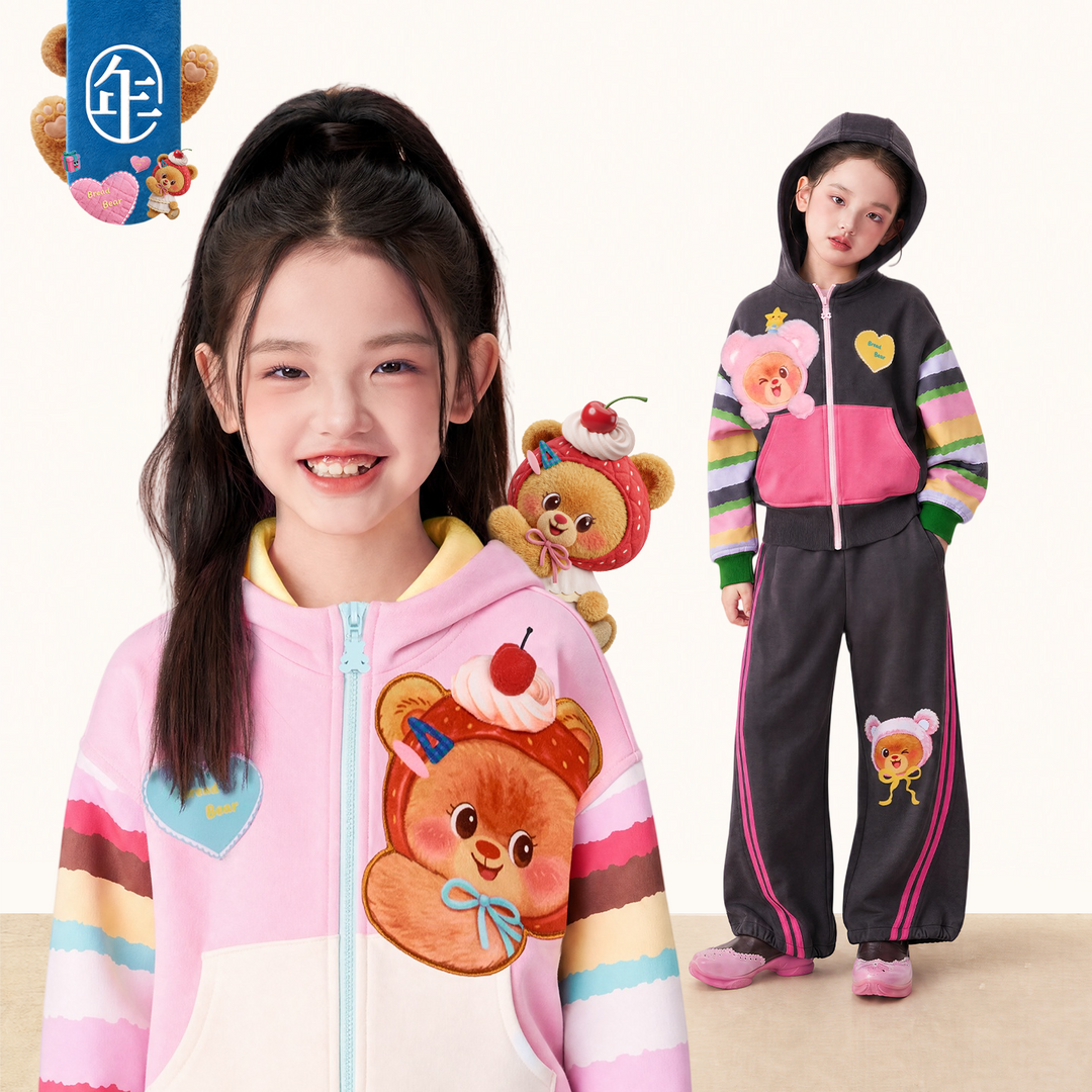 Bread Bear Rainbow-Sleeve Zip Hoodie 熊抱甜心彩虹袖连帽外套
