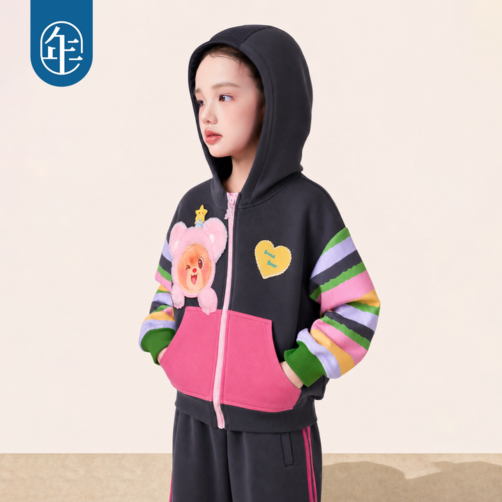 Bread Bear Rainbow-Sleeve Zip Hoodie 熊抱甜心彩虹袖连帽外套