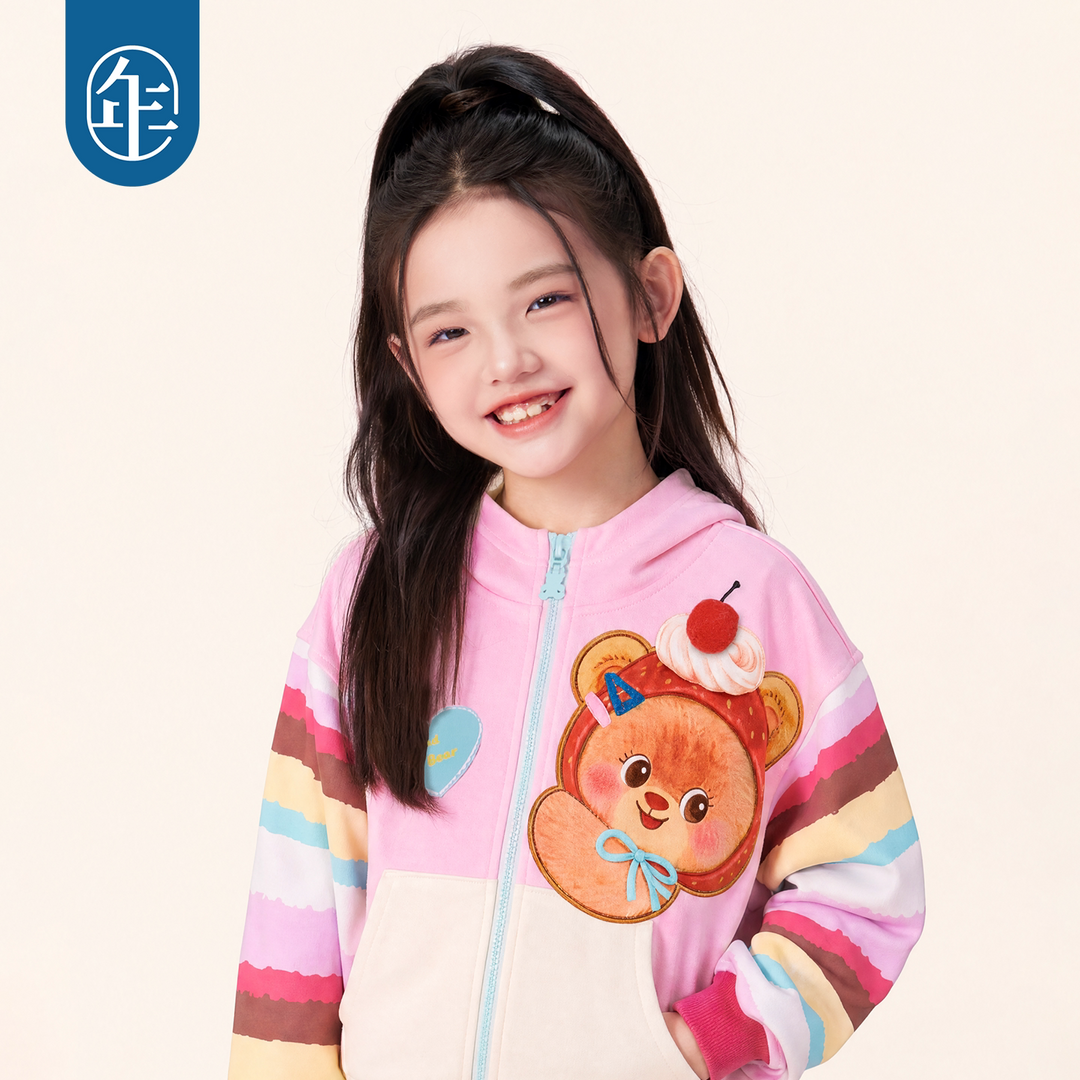 Bread Bear Rainbow-Sleeve Zip Hoodie 熊抱甜心彩虹袖连帽外套