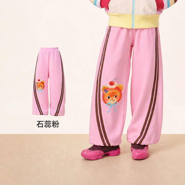 Bread Bear Striped Wide-Leg Joggers 熊抱甜心弯刀卫裤 – Pink 石蕊粉
