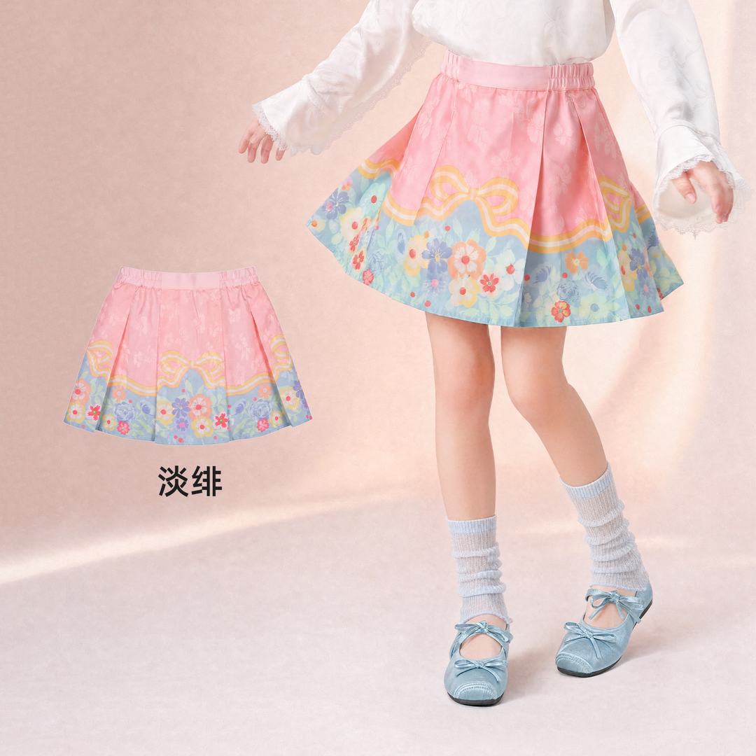 Floral Bow Pleated Mamian Mini Skirt 花朵提花马面短裙 – Pink 淡绯