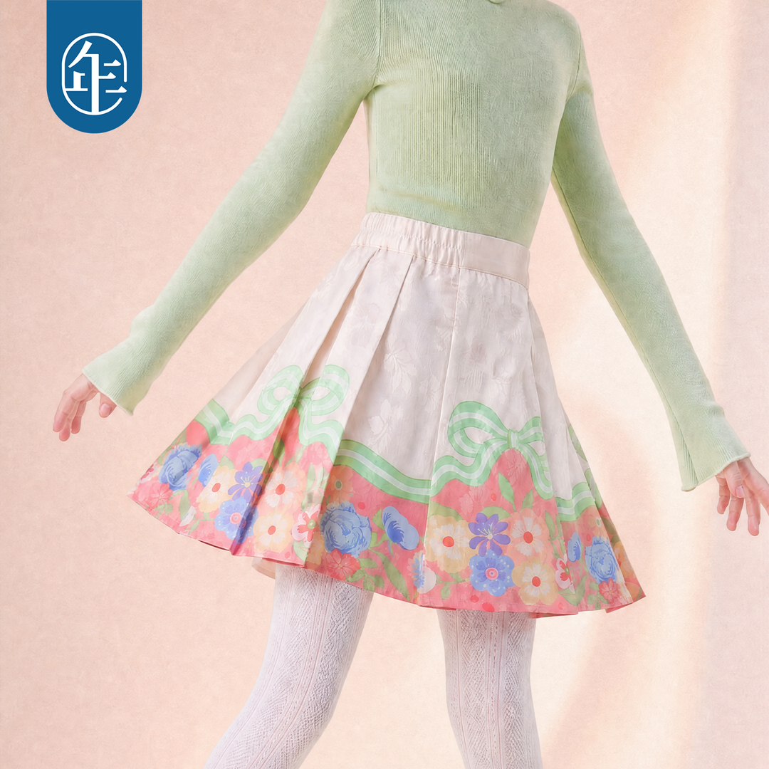 Floral Bow Pleated Mamian Mini Skirt 花朵提花马面短裙