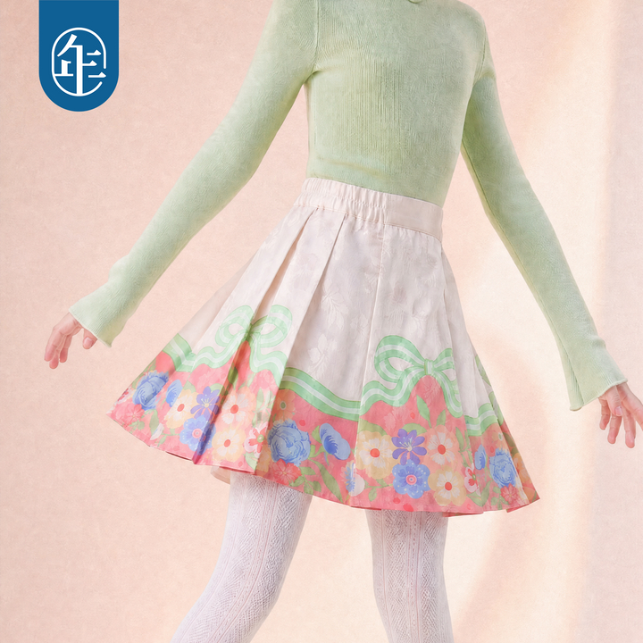 Floral Bow Pleated Mamian Mini Skirt 花朵提花马面短裙