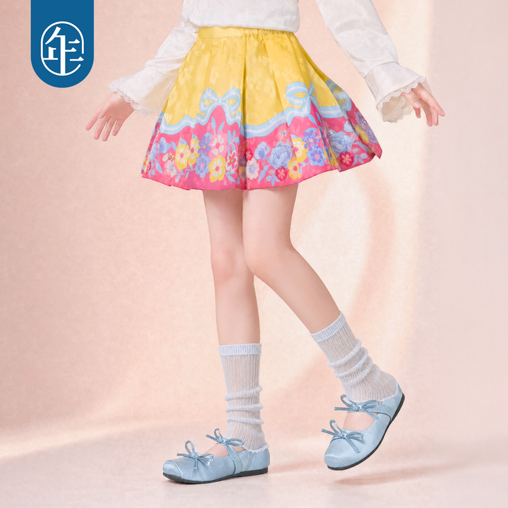 Floral Bow Pleated Mamian Mini Skirt 花朵提花马面短裙