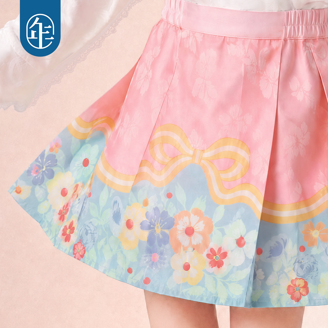 Floral Bow Pleated Mamian Mini Skirt 花朵提花马面短裙