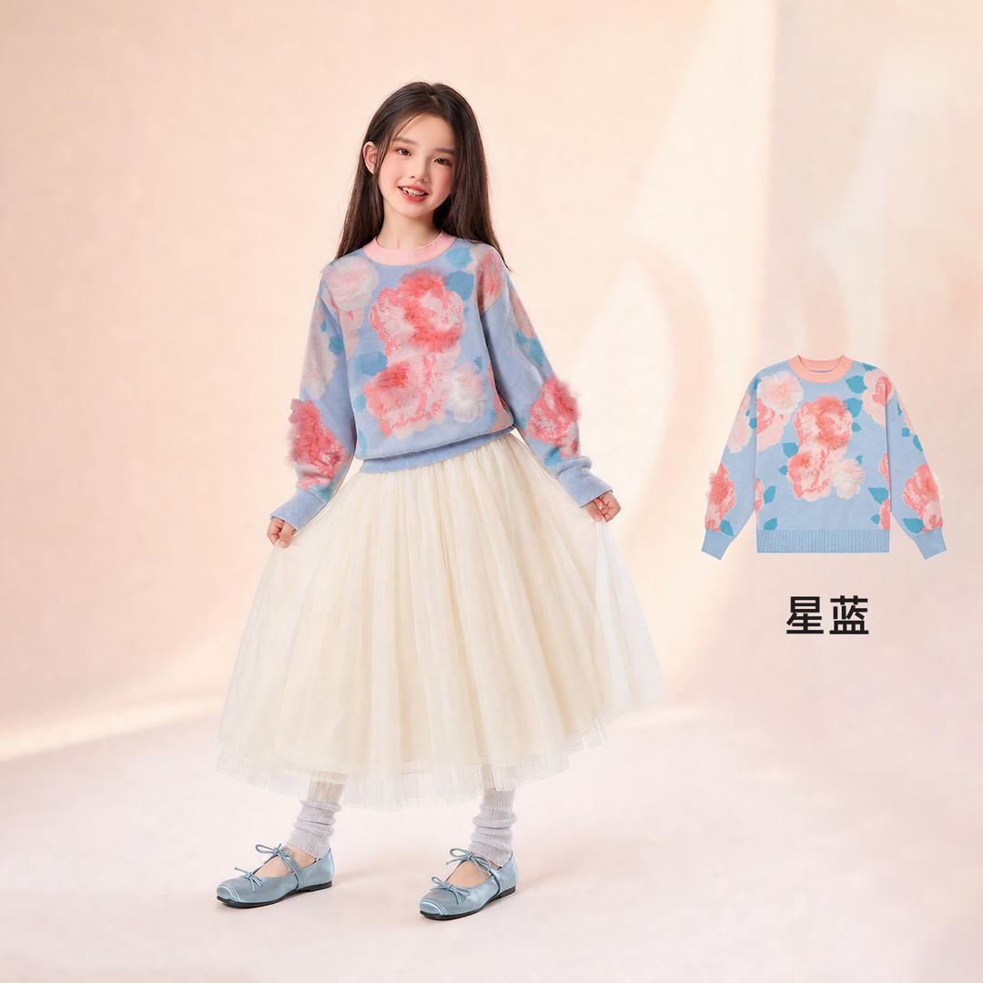 3D Flower Jacquard Cotton Sweater 静待花开立体花毛衣 – Blue 星蓝