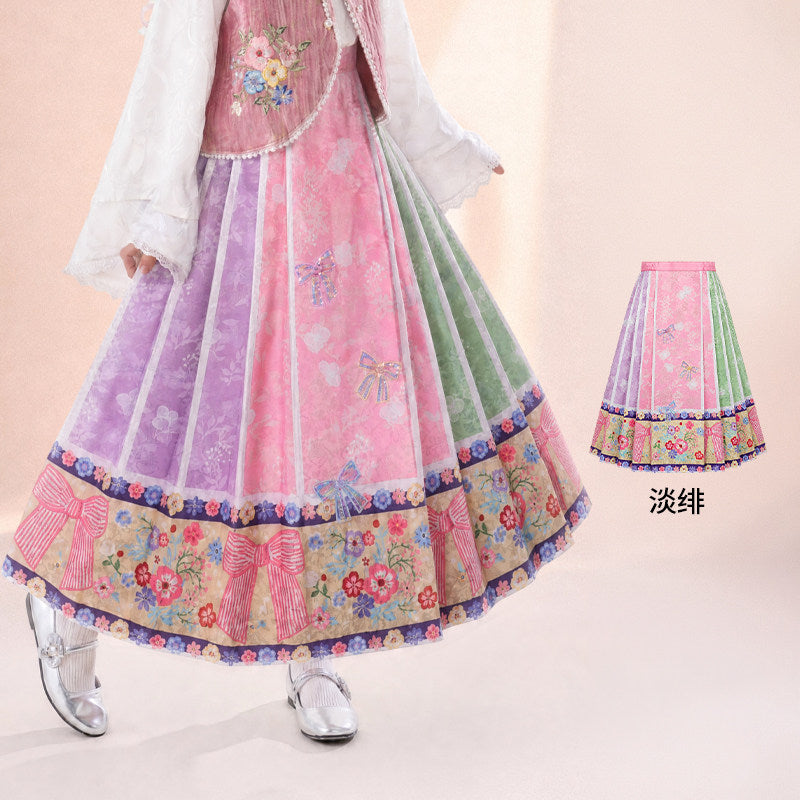 Floral Bow Print Mamian Pleated Skirt 静待花开马面裙 – Pink 淡绯