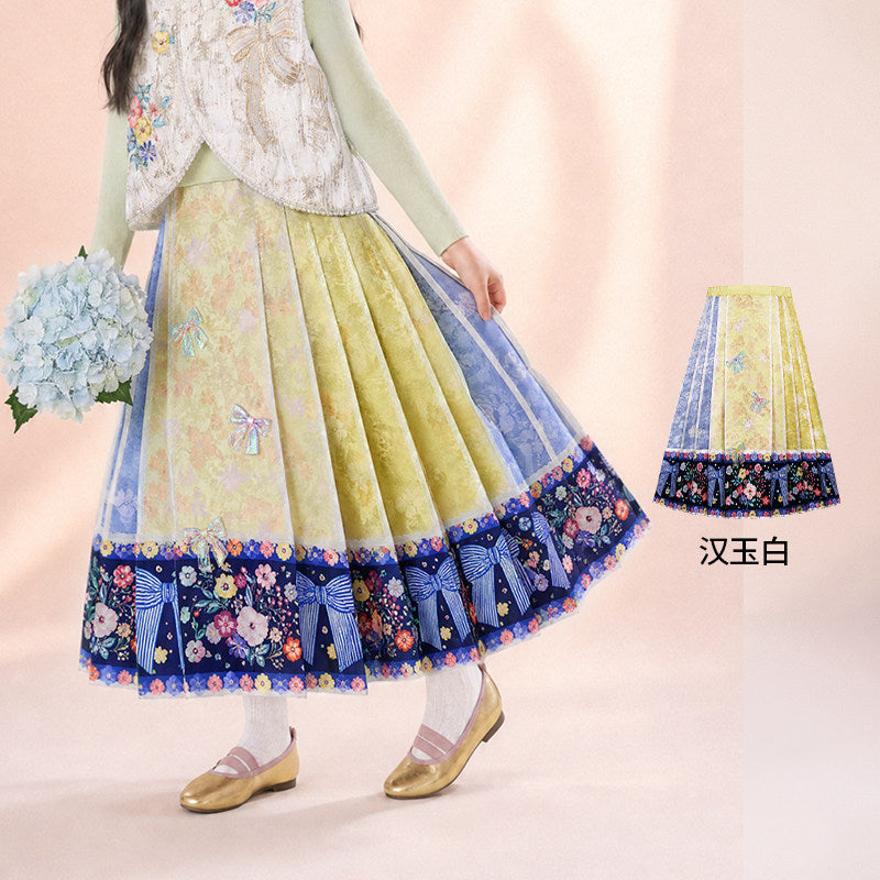Floral Bow Print Mamian Pleated Skirt 静待花开马面裙 – Yellow & Navy 汉玉白