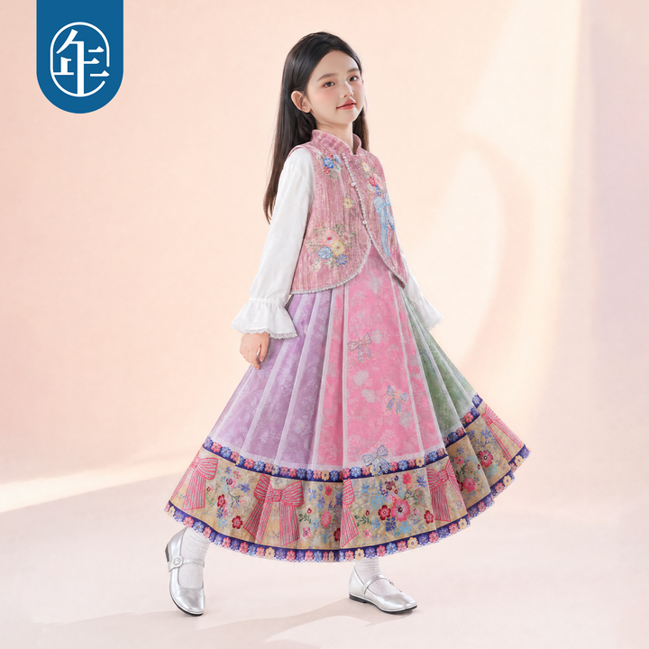 Floral Bow Print Mamian Pleated Skirt 静待花开马面裙