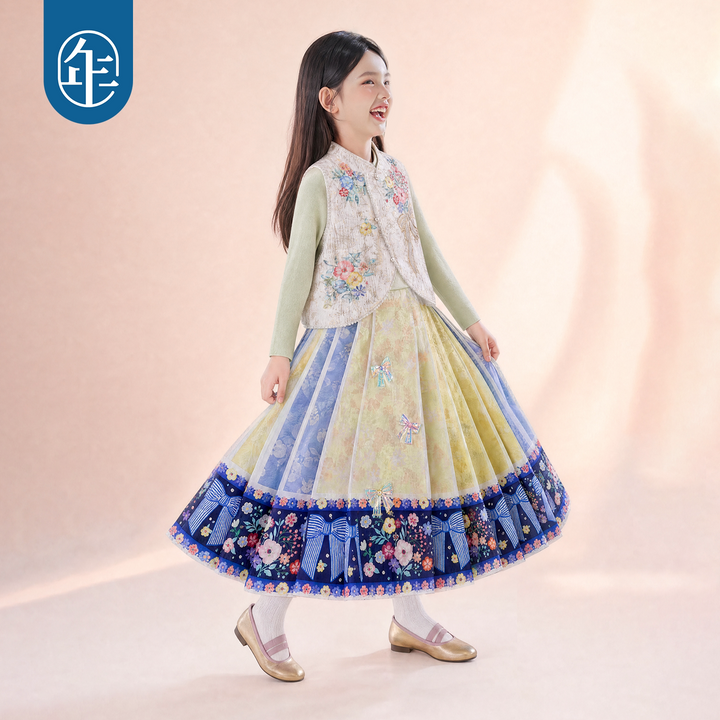 Floral Bow Print Mamian Pleated Skirt 静待花开马面裙
