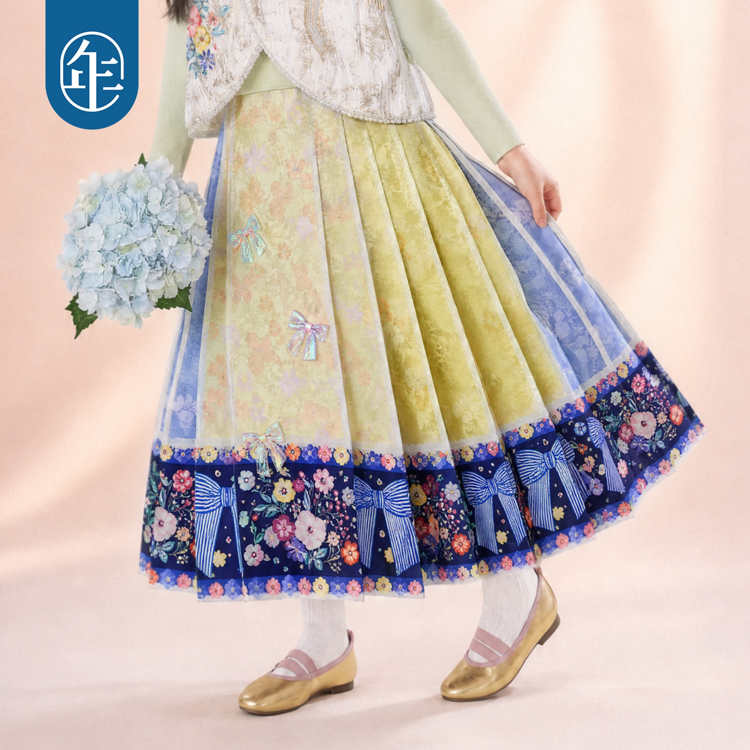 Floral Bow Print Mamian Pleated Skirt 静待花开马面裙