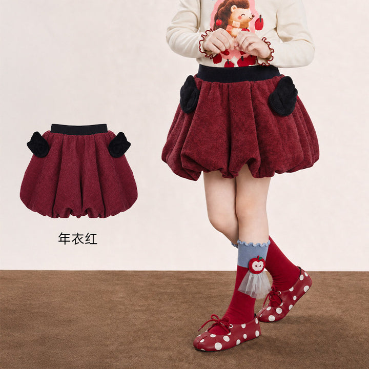 Chenille Bubble Skirt with Wing Pockets 苹果森林雪尼尔花苞短裙 – Burgundy Red 年衣红