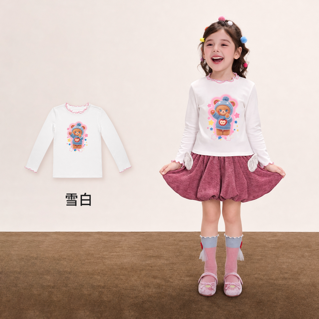 Apple Forest Ruffle-Neck Cotton Tee 苹果森林木耳边长袖T恤 – White 雪白