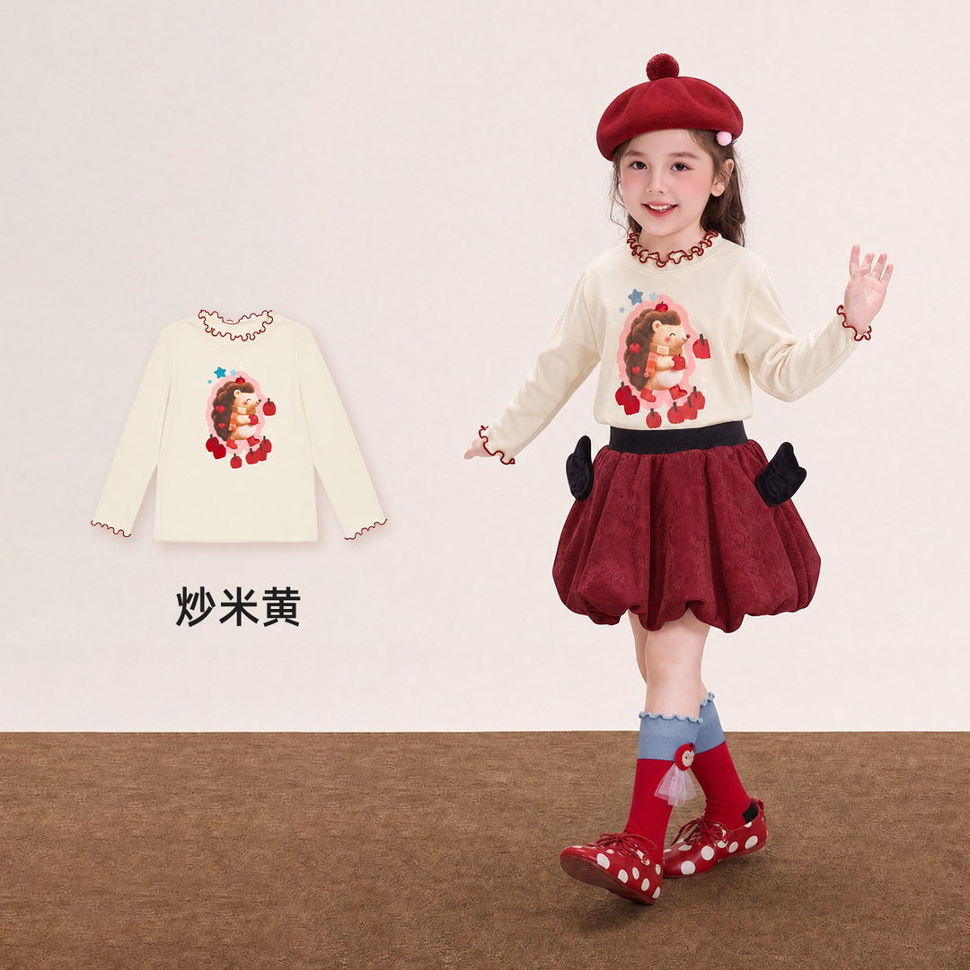 Apple Forest Ruffle-Neck Cotton Tee 苹果森林木耳边长袖T恤 – Cream 炒米黄