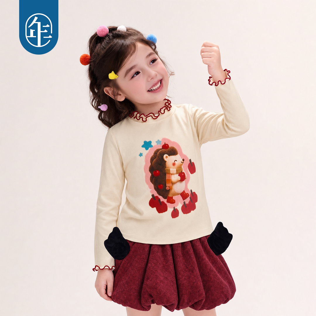 Apple Forest Ruffle-Neck Cotton Tee 苹果森林木耳边长袖T恤