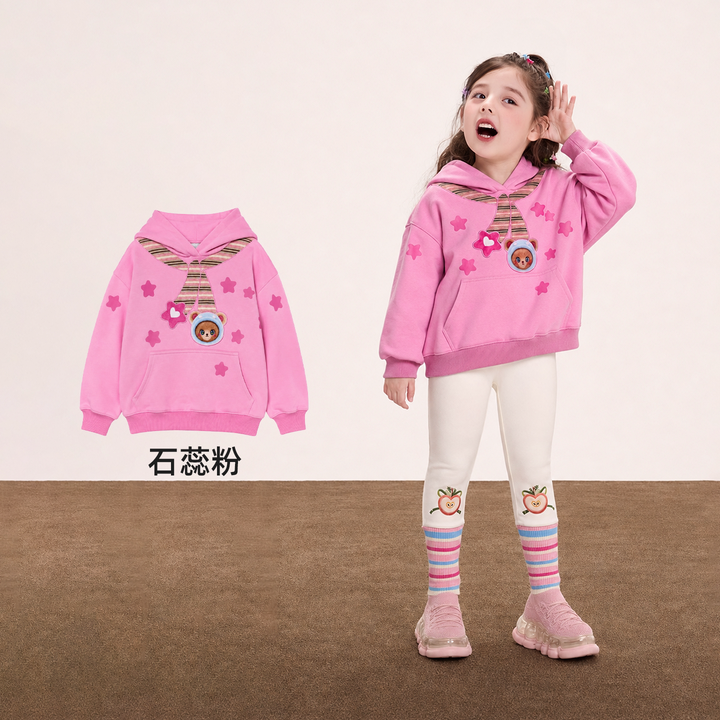 Hedgehog Appliqué Scarf Hoodie 苹果森林连帽卫衣 – Pink 石蕊粉
