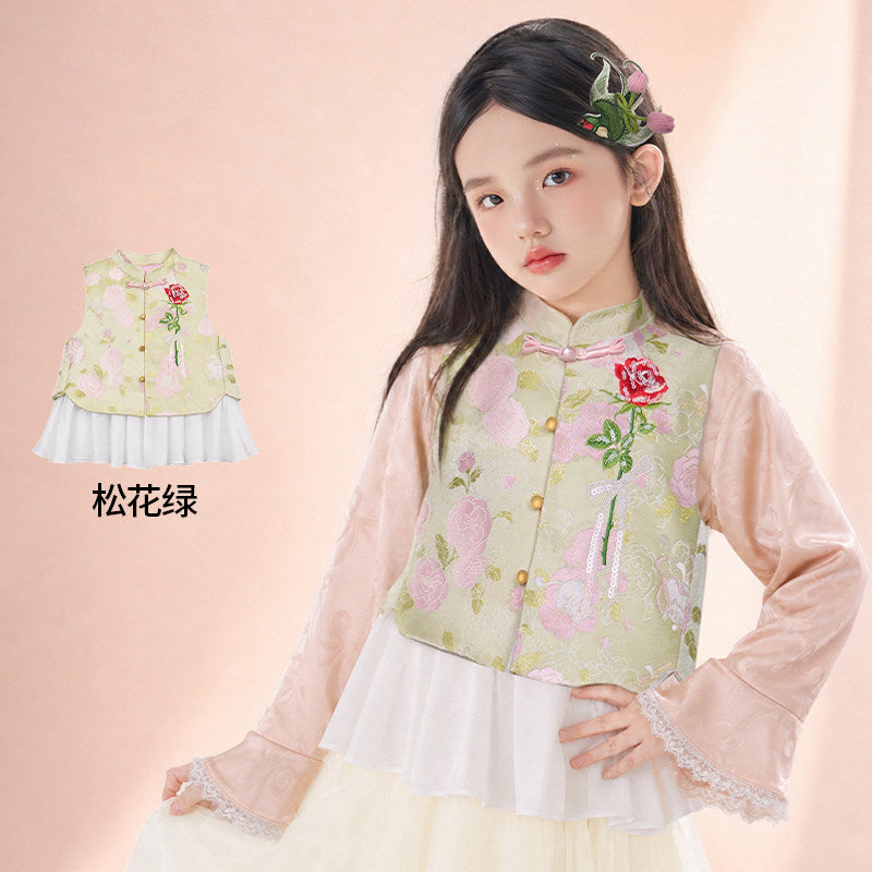 Rose Embroidered Brocade Mandarin Vest 玫瑰刺绣提花中式马甲 – Green 松花绿