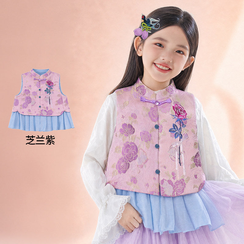 Rose Embroidered Brocade Mandarin Vest 玫瑰刺绣提花中式马甲 – Lilac 芝兰紫