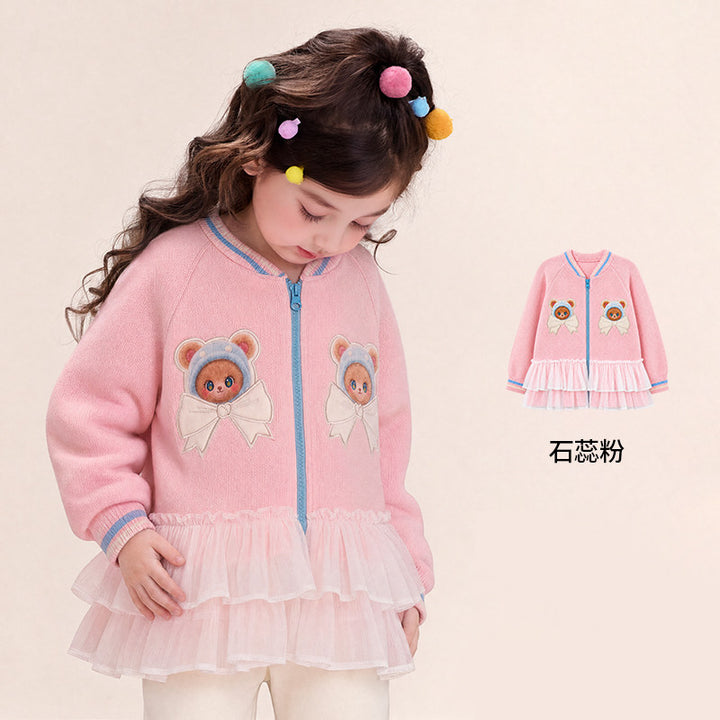 Hedgehog & Bear Tulle-Hem Knit Bomber Jacket 苹果森林纱摆针织夹克 – Pink 石蕊粉