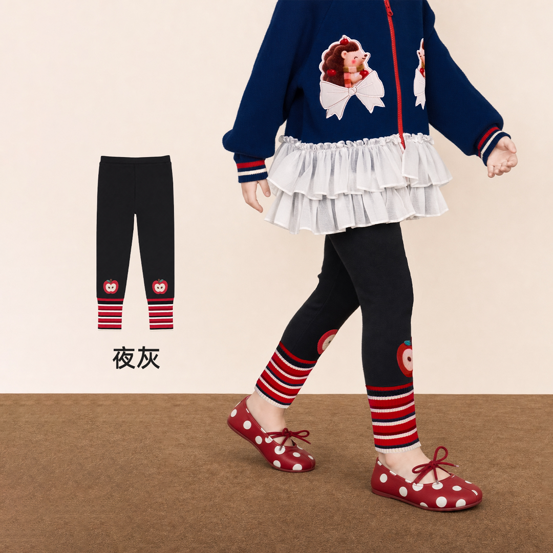 Apple Stripe-Cuff Stretch Leggings 苹果森林拼接打底裤 – Charcoal Black 夜灰