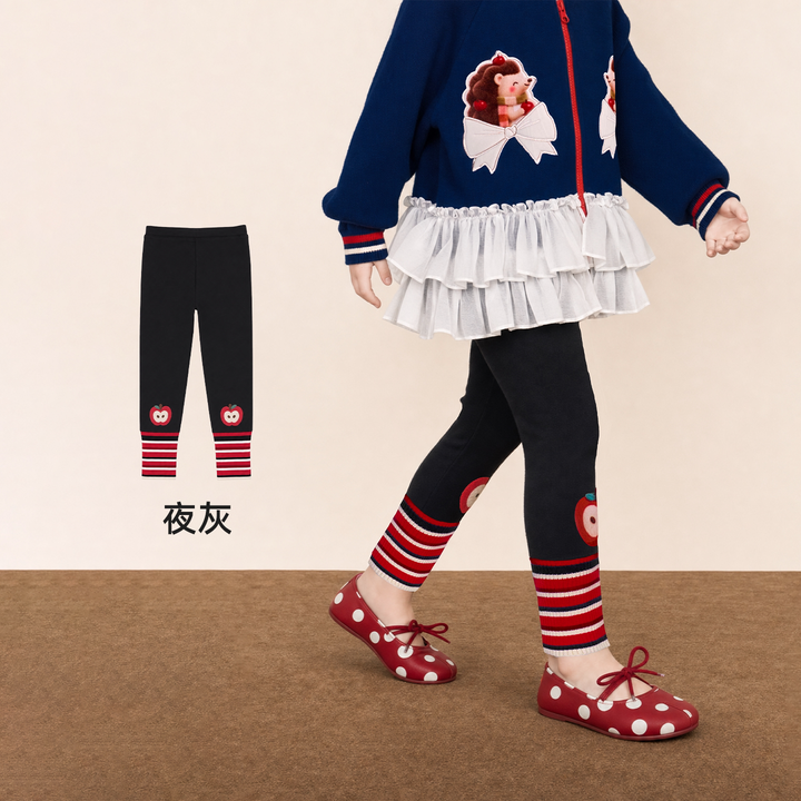 Apple Stripe-Cuff Stretch Leggings 苹果森林拼接打底裤 – Charcoal Black 夜灰